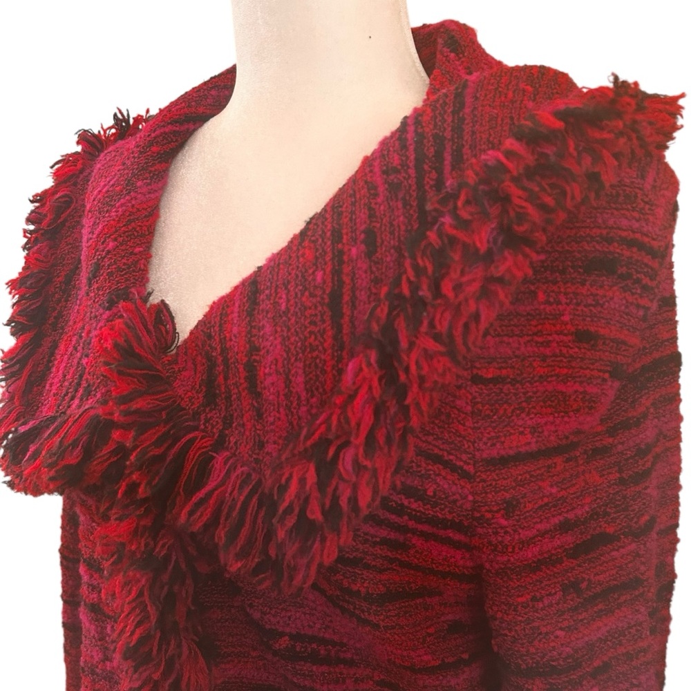 St. John red pink black tweed fringe frayed collar long jacket women’s size 6 - Picture 16 of 16